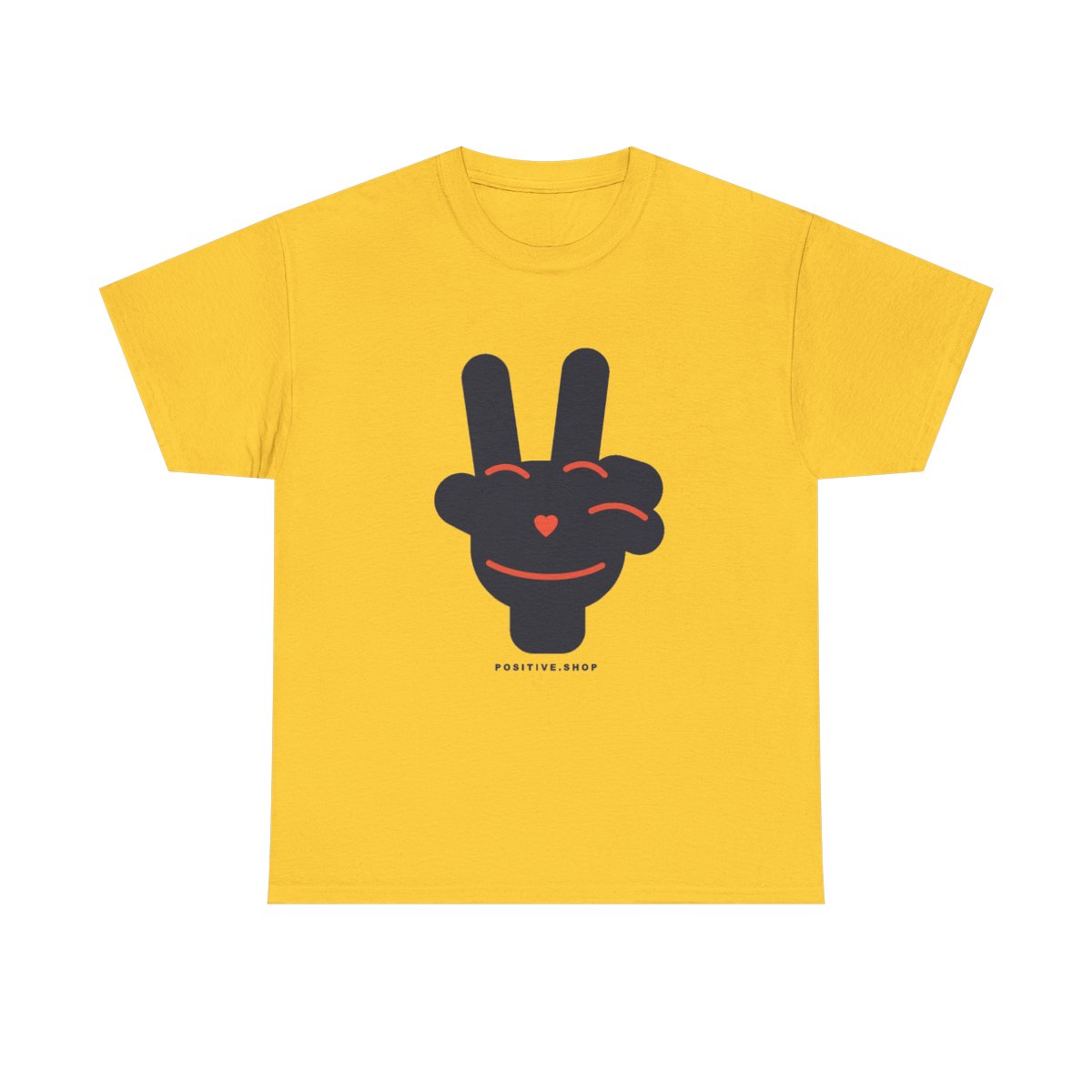 Two-finger peace hand sign on a daisy yellow unisex t-shirt